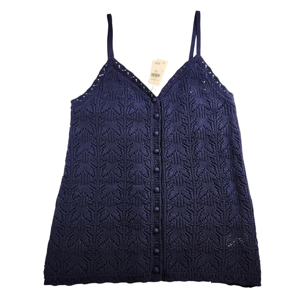Aerie Crochet Knit Button Sweater Tank Top 100% Cotton - Navy Blue - Medium